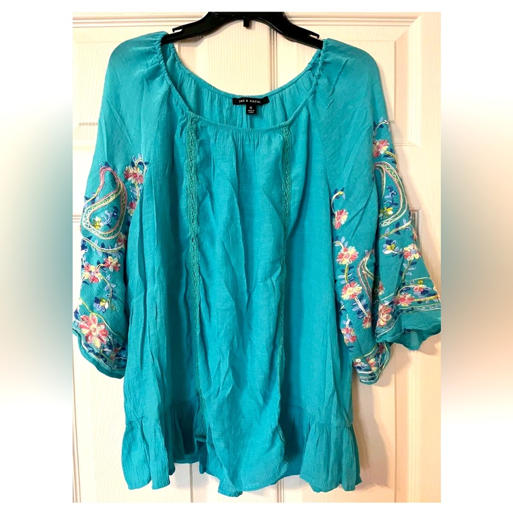 Zac & Rachael Blue Floral Embroidered Peasant Blouse Top Size XL